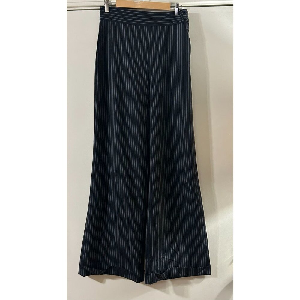 NWT $698 Ralph Lauren Black Label Wool Wide Leg Pinstriped Pants Navy Size 8 - Picture 2 of 5